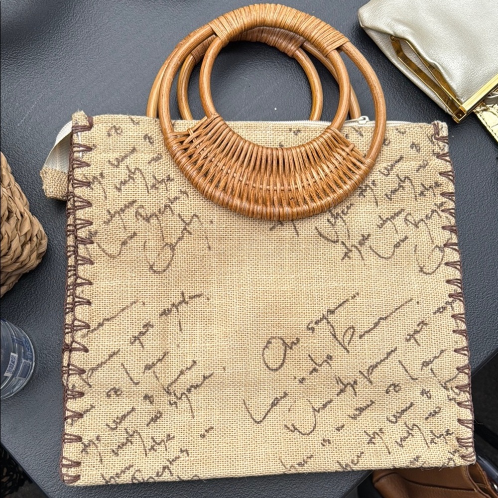 Handcrafted Beige Tote with Bamboo Handles